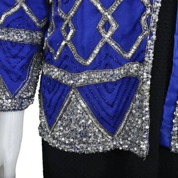 Vintage  80's Scarlet Rage Royal Blue Silver Stars Beaded Sequins Jacket Formal - Picture 6 of 14